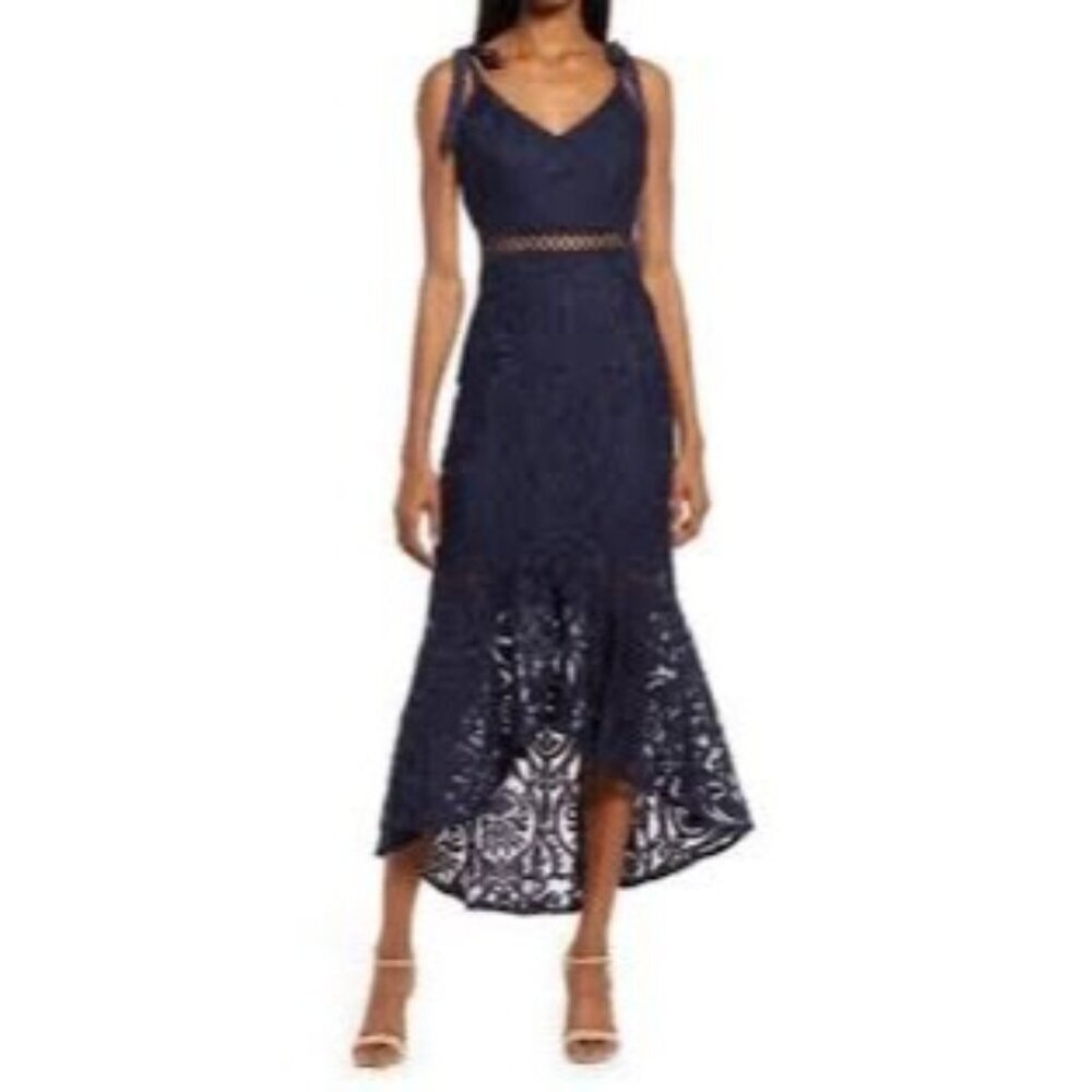 Lulu's Navy Lace High-Low Midi Dress